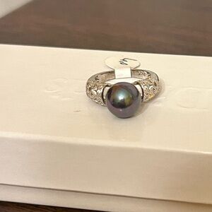 Size 6 Faux Tahitian Pearl Ring Set in S925 Sterling Silver Plate Diamonds NWOT